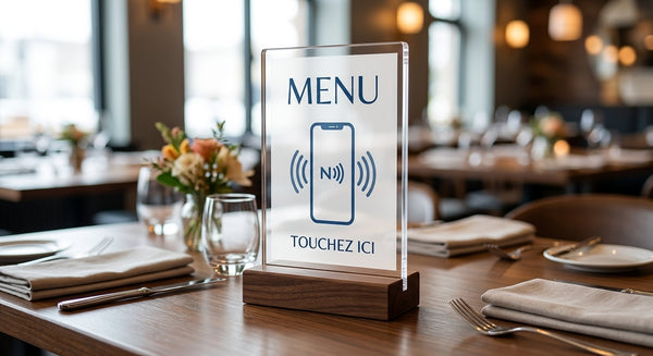 Support acrylique NFC sur socle bois « Touchez ici » Menu