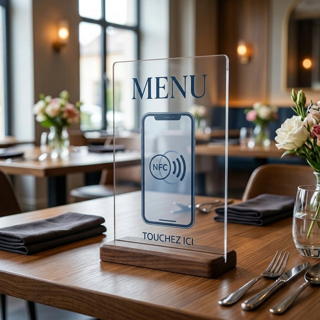 Support acrylique NFC en salle de restaurant