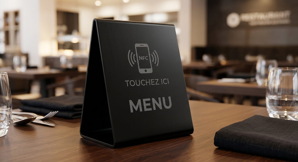 Chevalet NFC noir sur table de restaurant